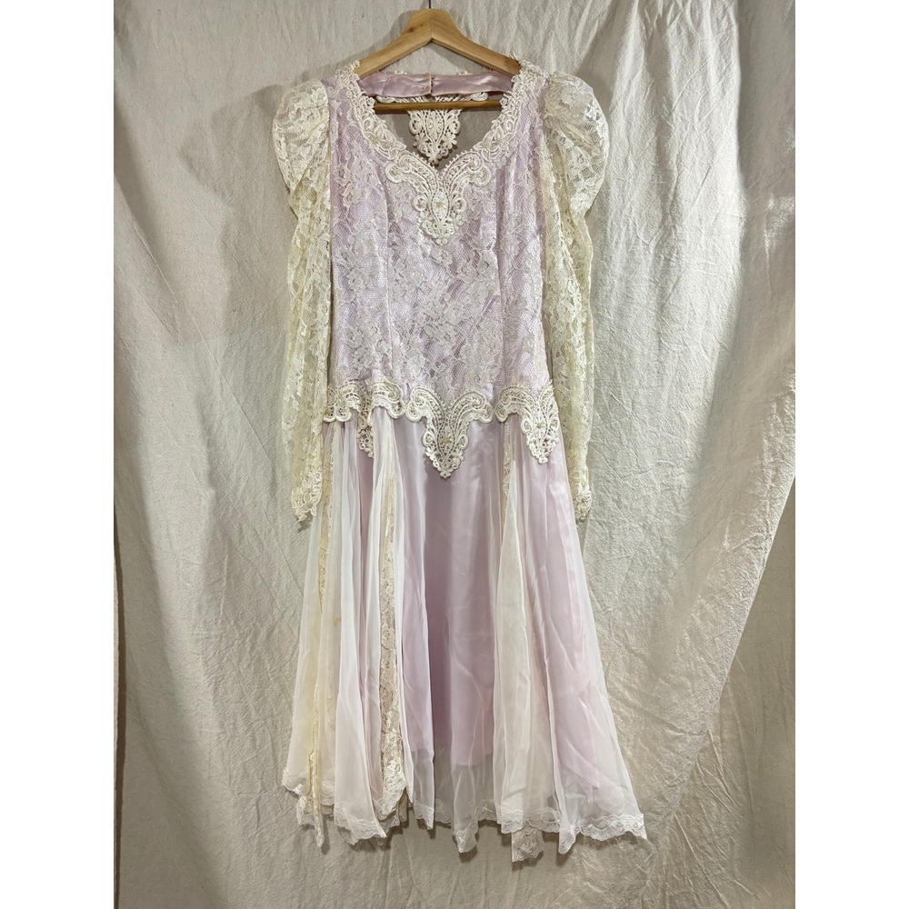 VTG 80s French Lace California Lavender White Lace Chiffon Formal Dress S *READ